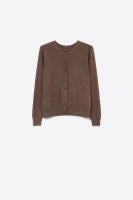 A brown long-sleeve knit cardigan sweater with a crew neck and button front, shown against a plain white background.