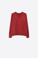 A burgundy long-sleeve knit sweater with a V-neck, shown against a plain white background.