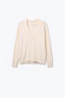 A light beige long-sleeve knit sweater with a V-neckline, displayed against a plain white background.