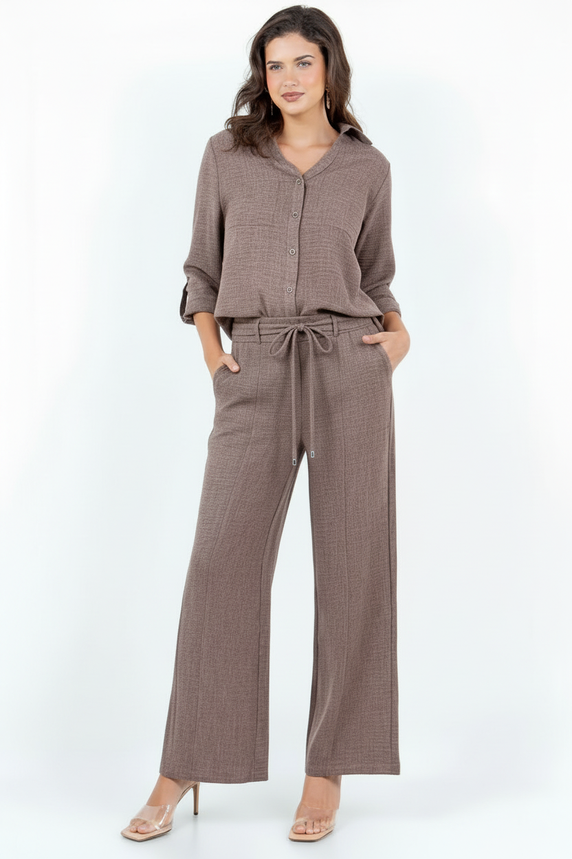 Model wearing the set with a front-only string tie